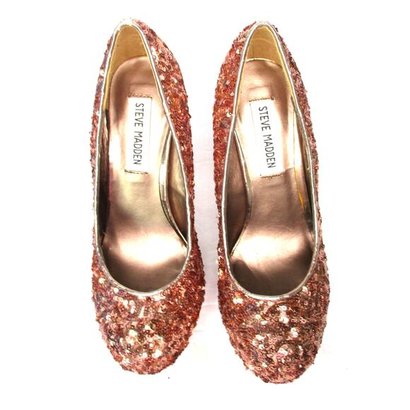 STEVE MADDEN Rose Gold Sequined Glitter Platform High Heel Pumps Sz 6.5 - Picture 3 of 10